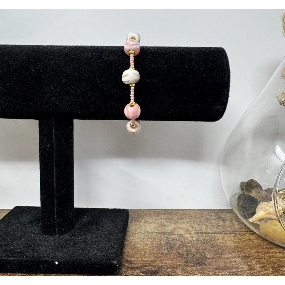 Kazuri Pink‎ Clay Hand Painted Beaded Bracelet Hand Made in Kenya Elastic